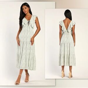 🌿Lulus Romance in Bloom Cream & Green Floral Print Ruffled Tiered Midi Dress